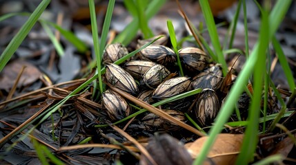 Close Up Of Seeds On Wet Ground With Green Grass