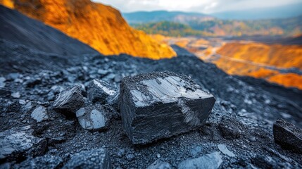 Close-up of a mineral rock on a rugged terrain with a scenic mountainous landscape in the background
