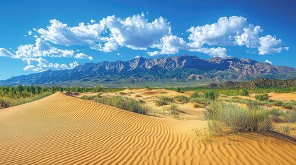Expansive desert landscape with rolling dunes and distant mountains under a vibrant blue sky