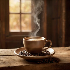Steaming Hot Coffee Cup on Rustic Wooden Table – Warm and Inviting Coffee Illustration