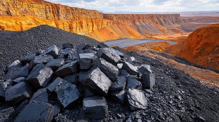 A stunning view of a mining site showcasing black coal piles against a dramatic canyon backdrop