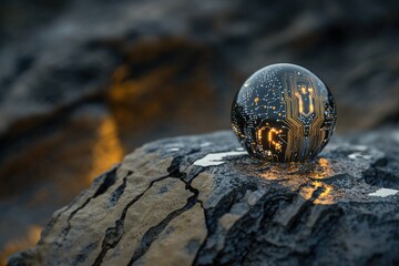 A glowing sphere with circuit board design rests on a dark, cracked rock, symbolizing technological innovation in nature.