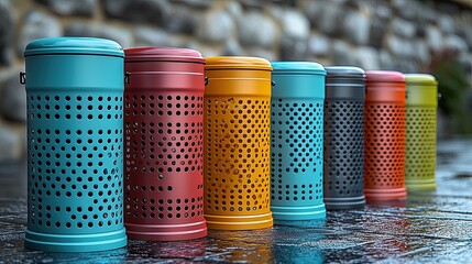 Colorful metal containers arranged in a row on a wet surface with a stone wall backdrop