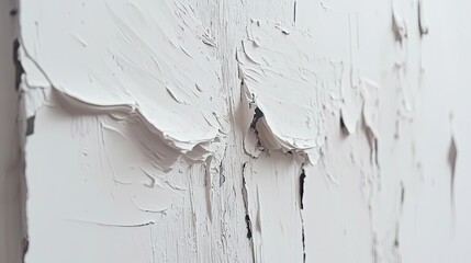 Close-up view of textured white paint on a wall, highlighting its layered application and drying process
