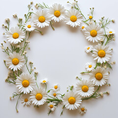 beautiful floral wreath made of white daisies and small green leaves, creating fresh and cheerful atmosphere. Perfect for decoration or celebration