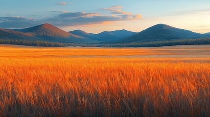 Golden fields under a sunset sky with distant mountains and a serene landscape backdrop
