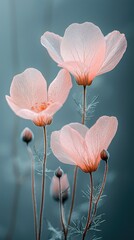 Delicate pink flowers gracefully blooming against a soft blue background, creating a serene atmosphere