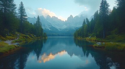 Naklejka premium Tranquil mountain lake reflects towering peaks in serene landscape