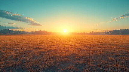 Serene sunset over a vast golden field with distant mountains under a clear blue sky