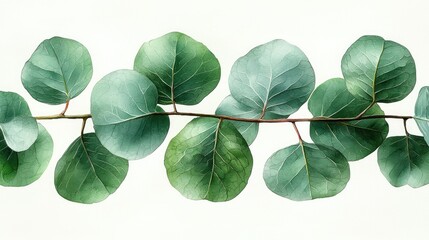 Fresh green eucalyptus leaves arranged on a white background, showcasing natural beauty and tranquility