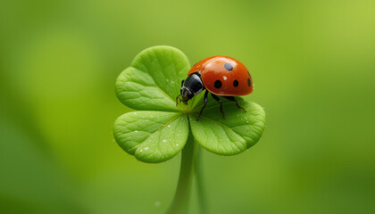 Obraz premium Whimsical Illustration of a Ladybug Resting on a Lucky Clover