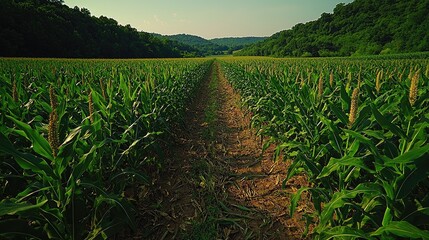 Lush cornfield stretching towards distant hills under a clear sky, showcasing agricultural growth