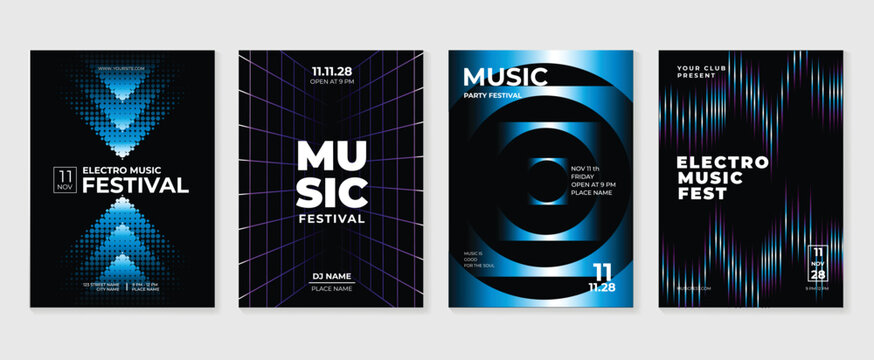 Music poster design background vector set. Electro Sound Cover template with vibrant abstract gradient geometric shape. Ideal design for social media, flyer, party, music festival, club.