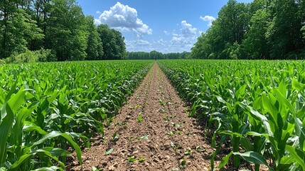 Lush green cornfield stretching into the horizon under a bright blue sky with fluffy clouds