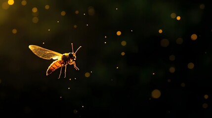 Naklejka premium Close-up of a bee in flight surrounded by golden particles against a dark background, showcasing nature's beauty