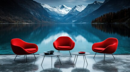 Serene Lakeside Relaxation: Red Armchairs by a Tranquil Mountain Lake