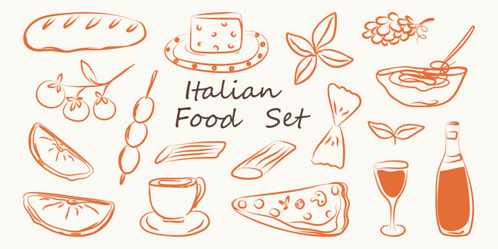 Hand drawn italian food set in chalk crayon style. Doodle sketch dish with pizza, cheese, pasta, olives, bottle wine, italy ingredients. Charcoal collection of dinners for menu, wedding. Vector illust