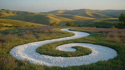 Serpentine Pathway of White Stones Curves Through Lush Green Hills at Sunset