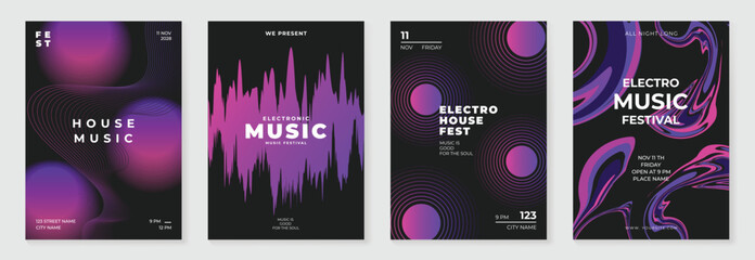 Music poster design background vector set. Electro Sound Cover template with vibrant abstract gradient geometric shape. Ideal design for social media, flyer, party, music festival, club.