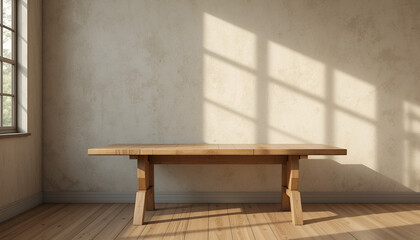 Minimalist Wooden Table Mockup with Stucco Background and Soft Window Shadows
