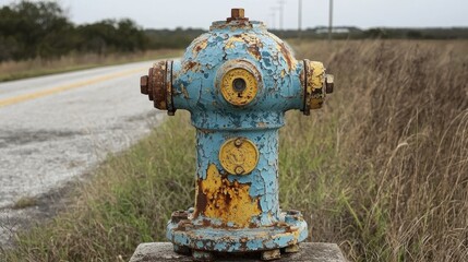 A weathered blue fire hydrant stands beside a rural road, surrounded by tall grass and a cloudy sky