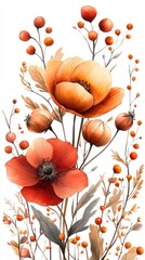 Vibrant floral arrangement featuring red and orange poppies with delicate foliage on a white background