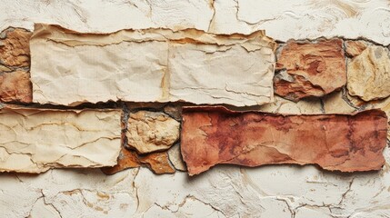 Textured wall featuring a mix of stone and paper-like materials in a rustic setting