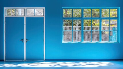 Bright Blue Room With Closed Door And Window