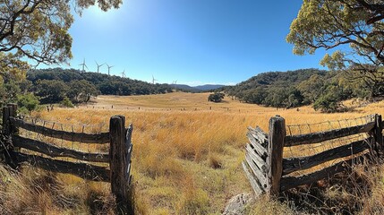 Panoramic view of a golden grassland with wind turbines and people enjoying nature in the background