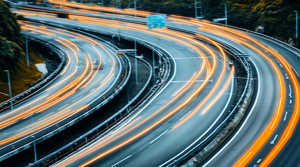 Dynamic night traffic flow on urban highways cityscape aerial view fast-paced environment motion concept