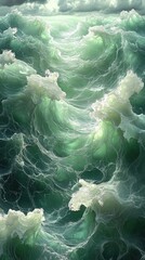 Turbulent ocean waves with frothy white crests under a cloudy sky, evoking a sense of adventure