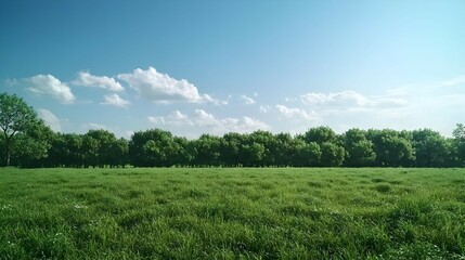 Green Field with Lush Grass and Trees Under a Blue Sky