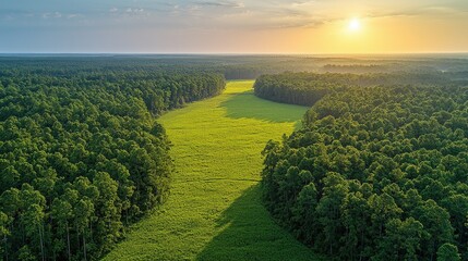 Aerial view of a lush green valley surrounded by dense forests at sunset, showcasing nature's beauty