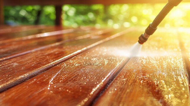 Pressure washing wooden deck backyard home improvement natural light close-up cleaning techniques