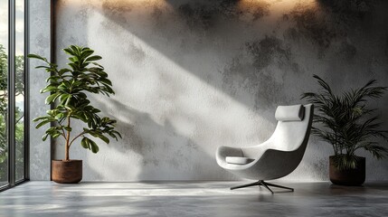 Modern interior design featuring a stylish chair and lush plants in a sunlit room