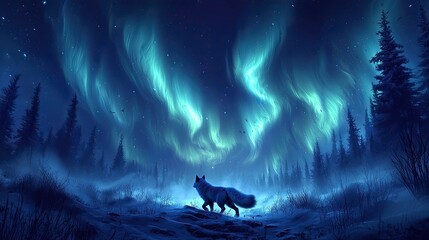 A serene fox gazes at the mesmerizing northern lights illuminating a snowy forest at night