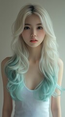 Portrait of a young woman with long, flowing hair featuring a gradient of white to teal, set against a soft background