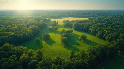 Aerial view of lush green fields and trees under a golden sunrise in a serene landscape