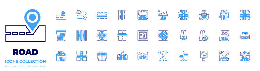 Road icon collection. Bold line style. Duotone colors. placeholder, crossroads, motorway, vehicle, navigation, highway, lane, sign, crossing, mountain, architecture and city, toll, roundabout.