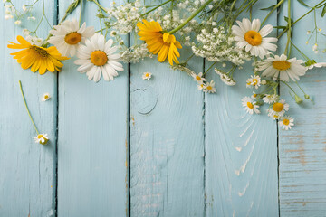 Obraz premium Yellow And White Wildflowers On Light Blue Wooden Surface A Rustic Floral