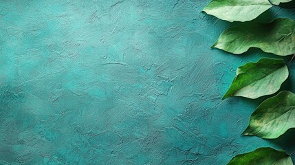 Vibrant teal textured background with lush green leaves creating a serene natural atmosphere