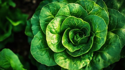 Obraz premium Vibrant close-up of a head of lettuce showcasing its intricate leaves