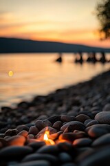 Beach sunset with glowing pebbles by the water, peaceful river scene, serene nature landscape, warm light reflection on calm lake