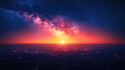 Stunning panoramic view of a vibrant sunset over a sprawling cityscape with stars above