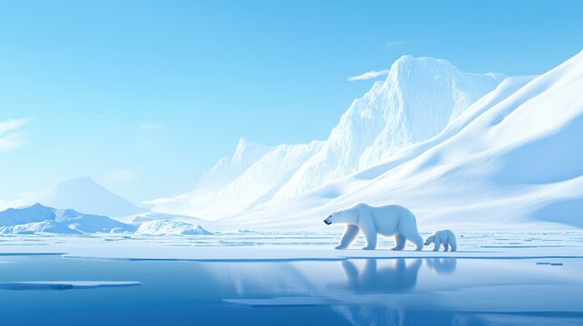 A polar bear mother and her cub walk across the frozen Arctic.