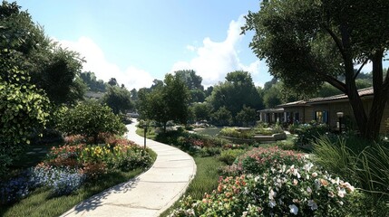 Obraz premium Vibrant Garden Path With Colorful Flowers And Lush Greenery