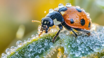 Naklejka premium Close-up of a ladybug on a fresh, dew-covered leaf, with sunlight refracting through the tiny water droplets