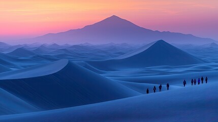 Group of hikers traversing sand dunes at sunset with mountains in the background