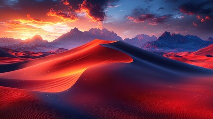 Stunning sunset over vast desert dunes with dramatic mountain backdrop and vibrant colors