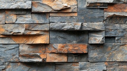 Close-up view of textured stone wall featuring layered slate tiles with earthy tones